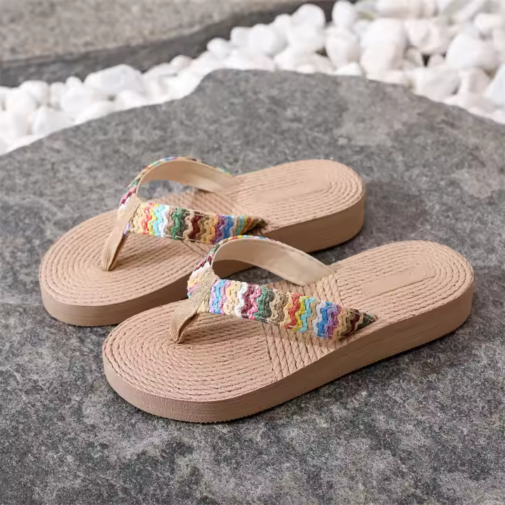 Verano nueva cuerda de cáñamo de imitación PP hierba viaje parte inferior de cáñamo sandalias de mujer usar chanclas tacón alto playa cuña tacón zapatillas de mujer - 1