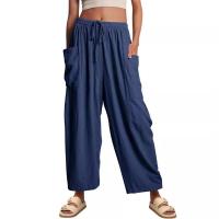 Pantalones de lino con cintura elástica para mujer, pantalón informal de verano - details 3
