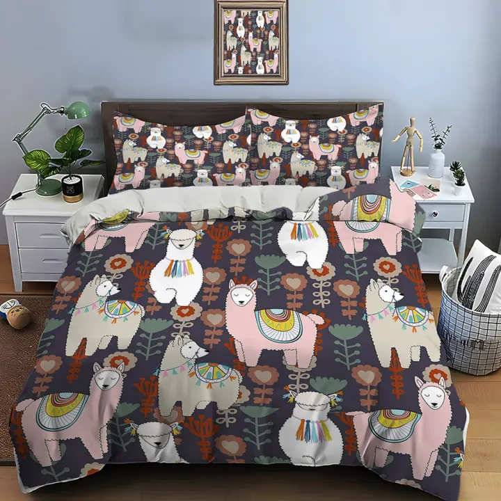 Juego de Ropa de Cama de Llama y Alpaca de Dibujos Animados Funda de Edredón de Poliéster, Fundas de Almohadas para Adultos y Niños Regalo de Lujo - 1