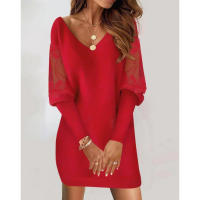 Parche de malla de encaje transparente para mujer，VVestido de retazos Casual de manga larga con cuello - details 1