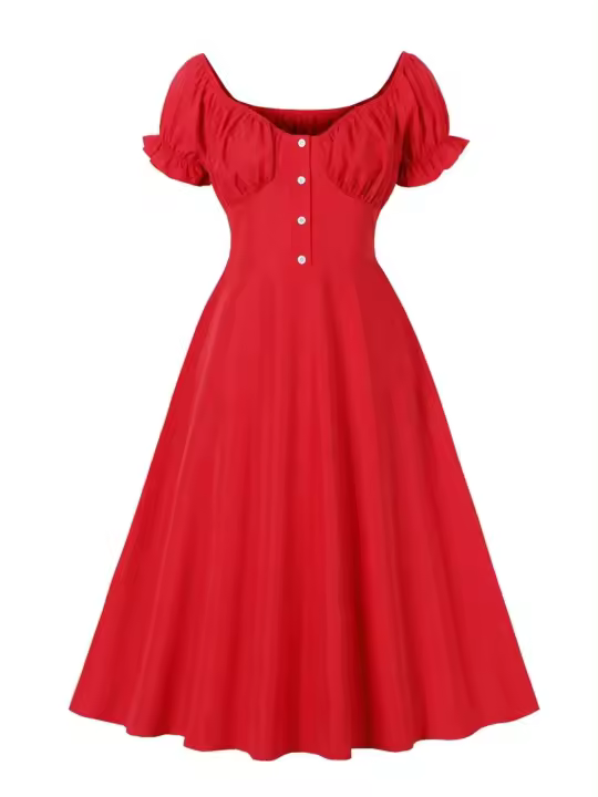 Elegante largo rojo con cintura elástica retro y botones delanteros. - 1
