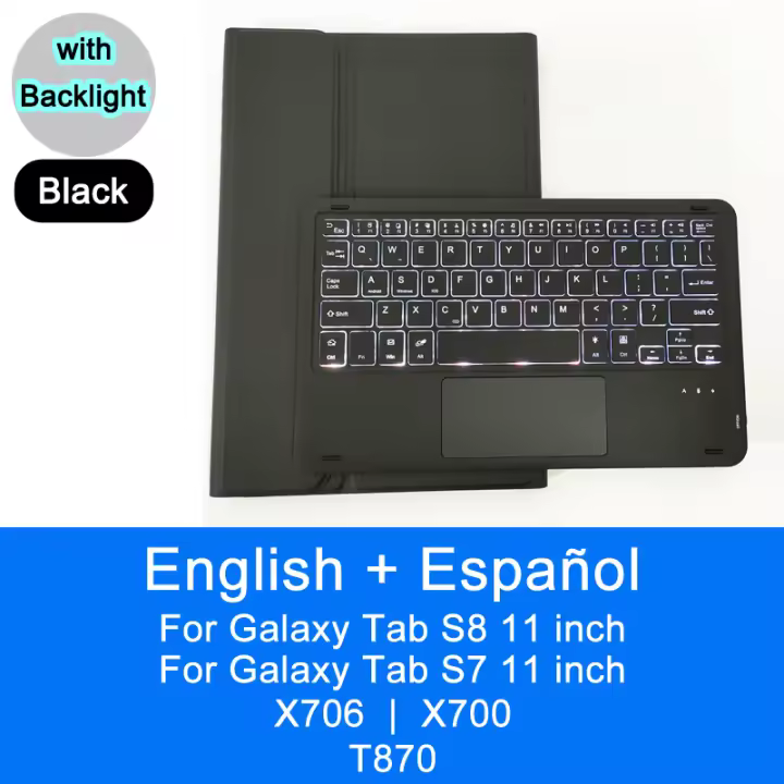 Funda de teclado Bluetooth para Samsung Galaxy Tab S7 S8 11 T870 X700 X706 con rastreador retroiluminado Material de cuero sintético Compatible con dispositivos electrónicos portátiles Características especiales de doble plegado - 1