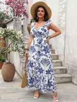 BSIE Vestido largo de talla grande con cuello en forma de corazón y volantes para mujer, estampado de vacaciones en la playa, paridad sin costuras - details 2