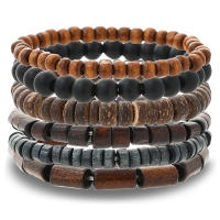 Conjunto de pulsera de cuentas de madera para hombre, diseño de pulsera de cuentas hecha a mano, estilo nacional, Retro, multicolor, línea elástica, 6 uds. - details 0
