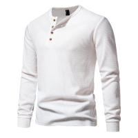 Camiseta de manga larga Henley para hombre, camisa básica transpirable con botones, informal, Color sólido, otoño - details 8