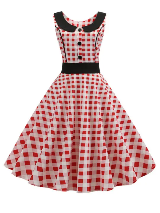 Vestido de fiesta de lunares con estampado a cuadros vintage para mujer, retro, años 50 y 60 - 1