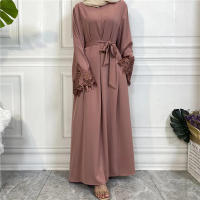 Vestido largo musulmán Abaya Jilbab para mujer, caftán de flores con cremallera de encaje, moda de Color sólido, Abayas de Dubai - details 2