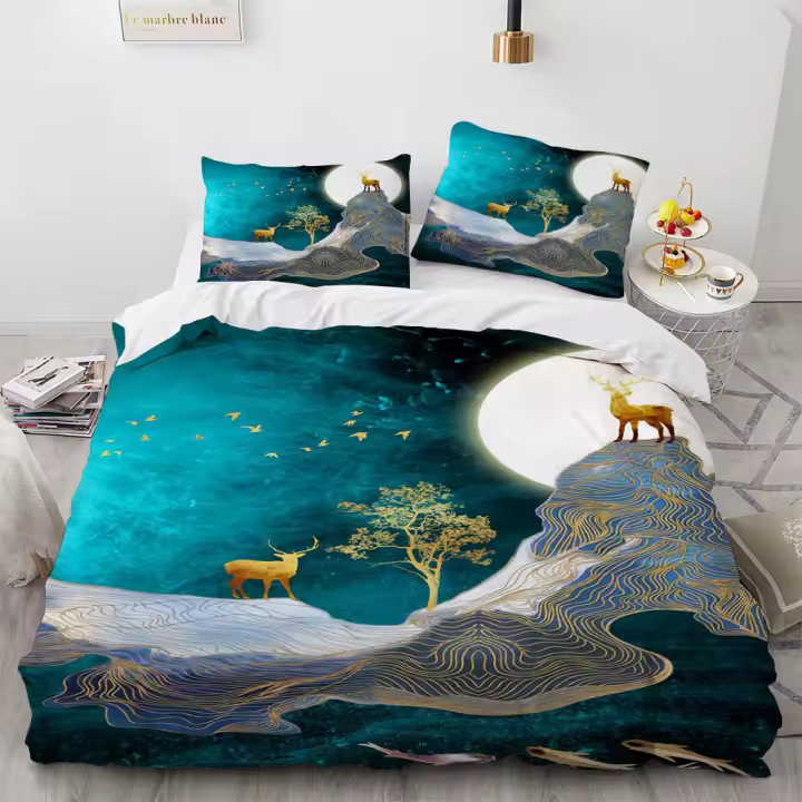 Funda de edredón Juego de funda nórdica con diseño de ciervos y flores, juego de cama de poliéster con estampado de animales salvajes, funda de edredón de tamaño completo King Twin para niños y niñas - 1