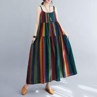 Vestido de Lino de Algodón a Rayas de Color Bloque Falda A-Línea de Moda de Verano con Cintura Suelta y sin Correas Vestido Largo Artístico para Mujeres - details 4