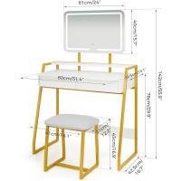 Maquillaje con espejo y luz LED, iluminación ajustable, mesa de maquillaje con taburete, 2 cajones de almacenamiento y estantes, estructura de metal, para dormitorio, blanco y dorado - details 7