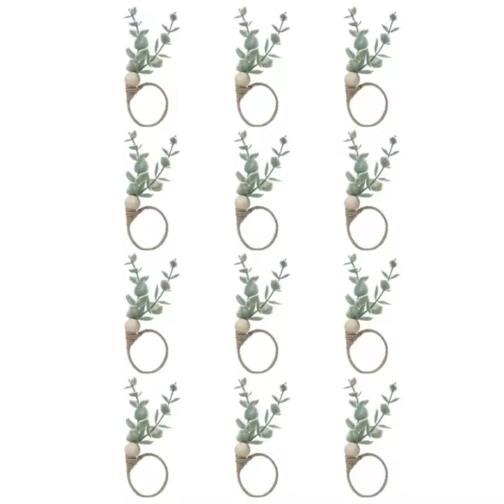 Juego de 12 anillos de servilleta de madera de eucalipto rústico, soporte de anillo de servilleta de granja de cuentas de madera de hoja Bohemia - 1