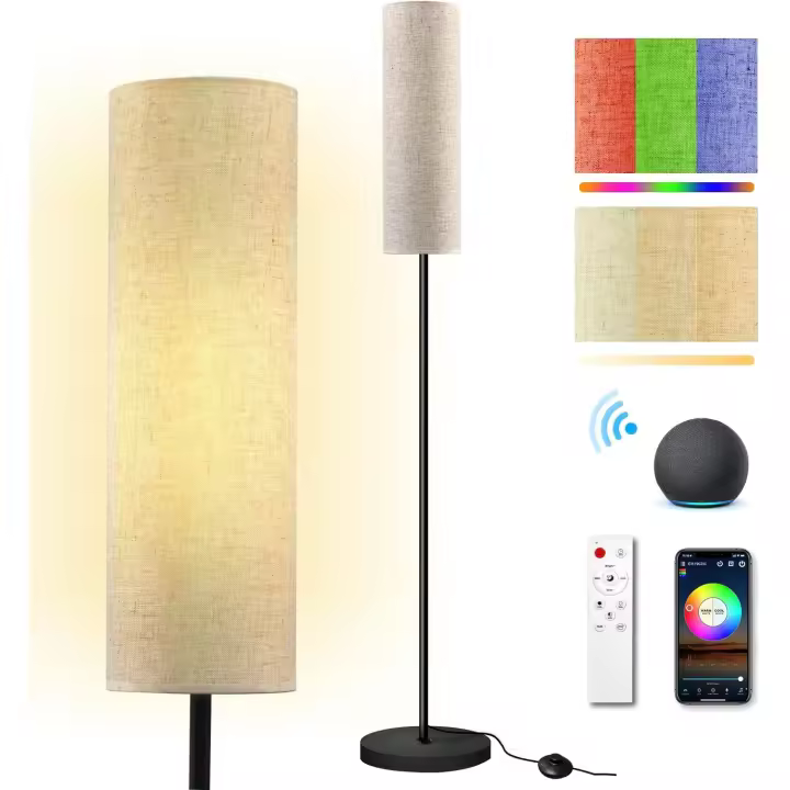 Lámpara de Pie, WiFi RGBWW Lámpara de Pie Salón Funciona con Alexa, Asistente de Google y Control Remoto, 12W 2700k-6500k Lámpara de Pie Regulable LED Moderna Luz de Esquina con Pantalla de Tela, 175cm - 1