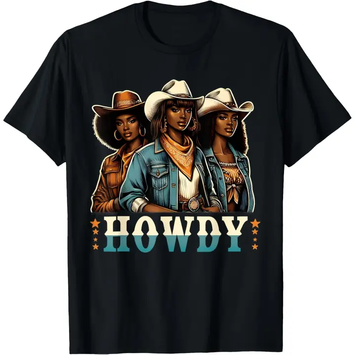 Camiseta negra de vaquera Queen Howdy Cowgirl afroamericana para hombre - 1