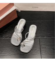 Zapatillas de Tacón Grueso y Perla de Diamante de Imitación Diseño de Cabeza Cuadrada Tacón Alto - details 21