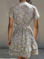 Mini Vestido Floral de Verano Cuello en V, Manga Corta con Volantes, Vestido Elegante de Línea A con Cinturón para Mujeres - details 9