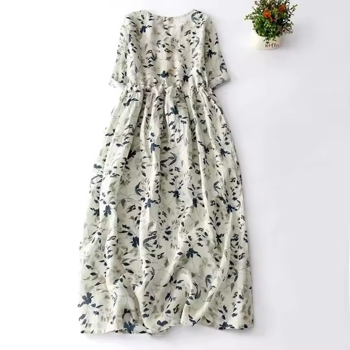 Vestido bohemio dulce de manga corta con cuello en V y algodón estampado para mujer, ropa de mujer suave y cómoda - 1