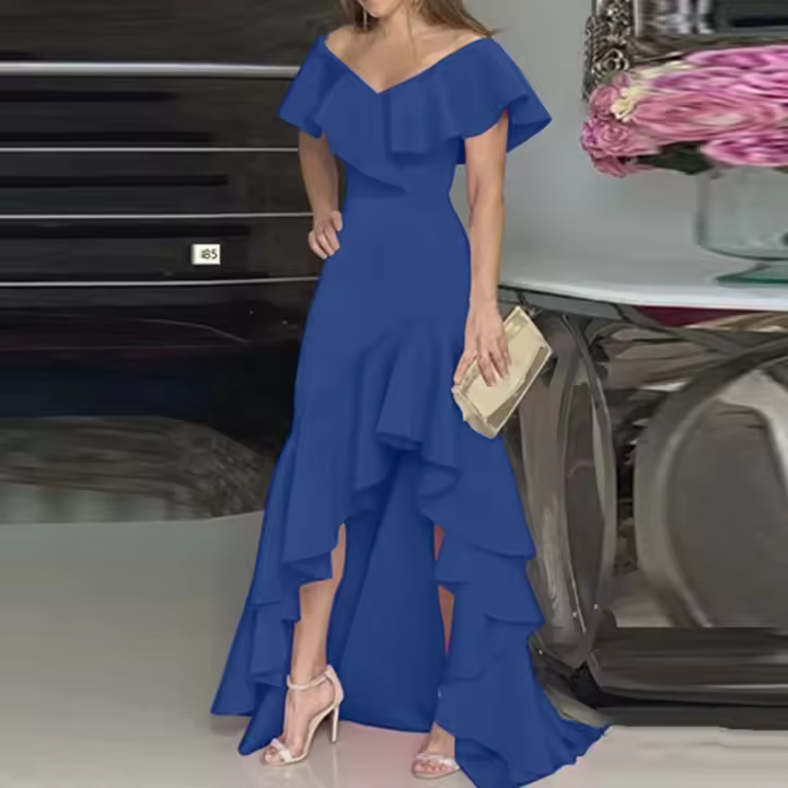 Flamin A Vestido de noche irregular y elegante con volantes y cuello en V - 1