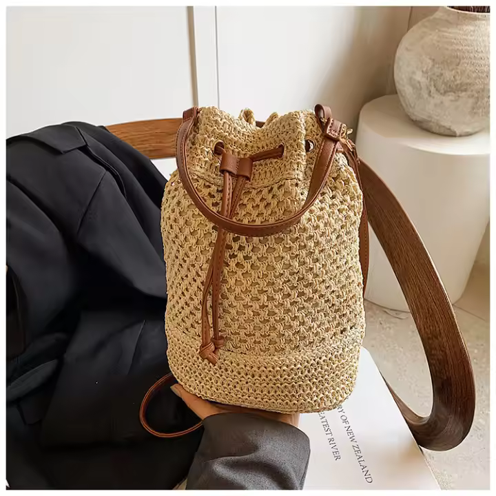 Bolso de paja tejido hueco, bolso de cubo, bolso de playa, bolso de hombro casual, bolso de moda, bolso de mujer - 1