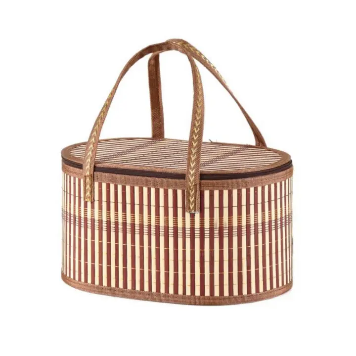 Cesta elíptica de bambú de mano estilo Pastoral con tapa cesta trenzada de bambú cesta de aperitivos ecológica para acampar - 1