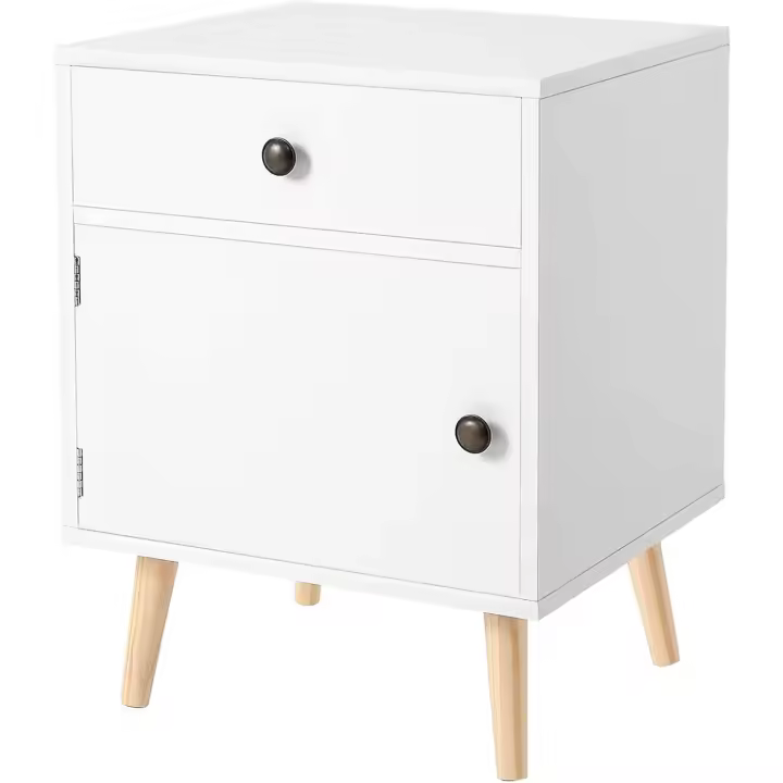 Auxiliar con 1 Cajón y 1 Armario de Almacenamiento, con Patas de Madera de Pino, para Dormitorio, Salón, Oficina, Blanco LET073W01 - 1