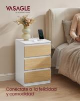 Mesita de Noche con Estación de Carga, Mesa Auxiliar con 3 Cajones, 2 Tomas AC, 2 Puertos USB, Salón, Dormitorio, Estudio, Blanco Nube LET631W14 - details 1