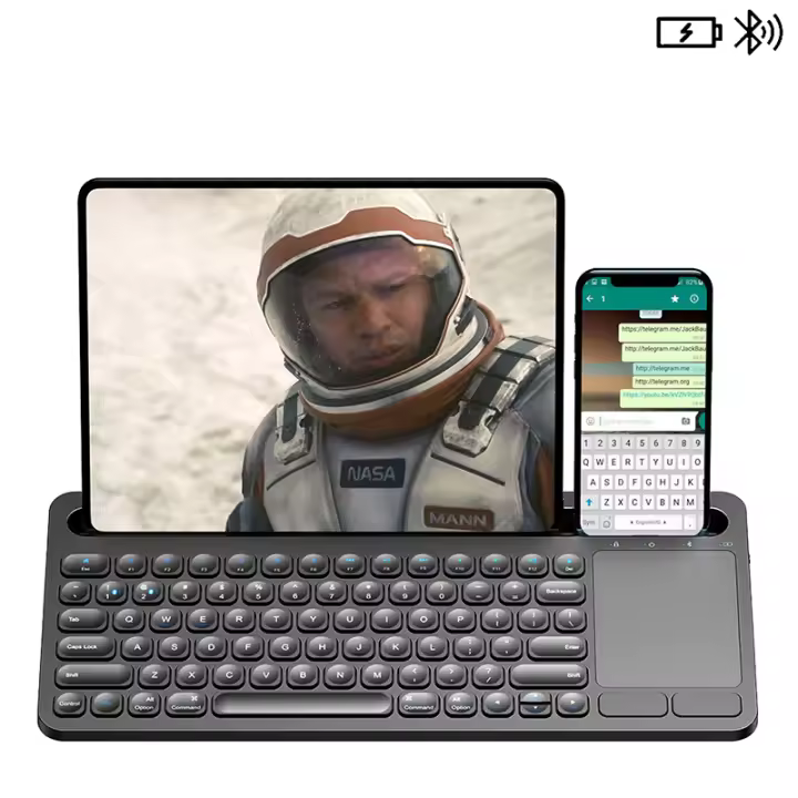 Teclado inalámbrico ergonómico con soporte para teléfono y panel táctil, Dual, Bluetooth, recargable, para iOS/Android/Win - 1