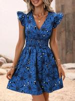 Chaleco elegante con estampado de flores, vestido acampanado para mujer, minifalda con cuello en V, vestidos elegantes para vacaciones - details 0