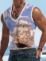 Chaleco con cuello en V para hombre, moda urbana de verano, top para deportes al aire libre, chaleco holgado y cómodo con estampado de barco pirata - details 4