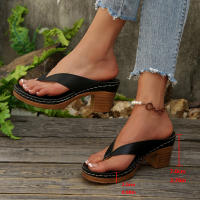 Pies de pellizco zapatillas de moda de tacón alto grueso zapatillas de espina de pescado de color sólido de tacón grueso para mujer - details 6