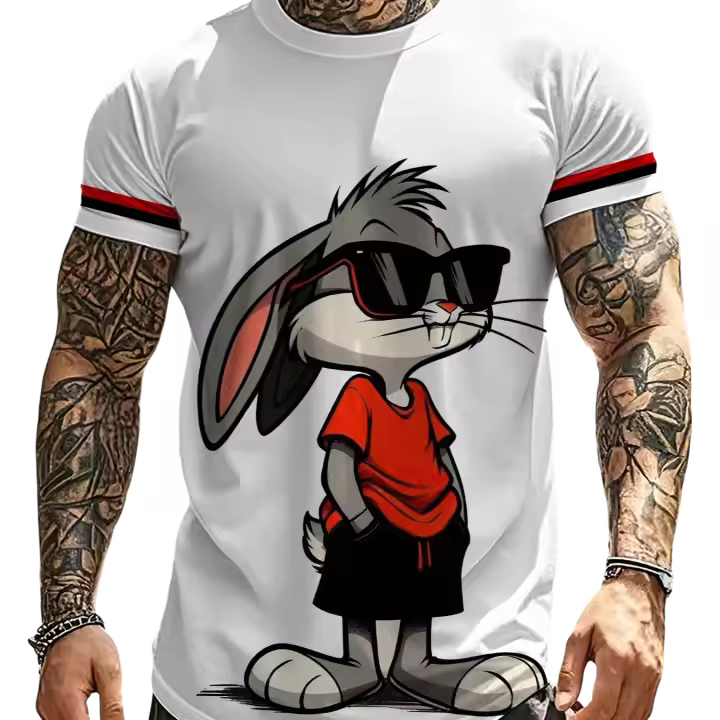 Camiseta De Conejo De Dibujo Animado Personalizado Para Hombres Con Estilo Callejero Mangas Cortas Y Tela Rápida Secado Cómoda Transpirable Y De Wicking De Humedad Para Viajes - 1