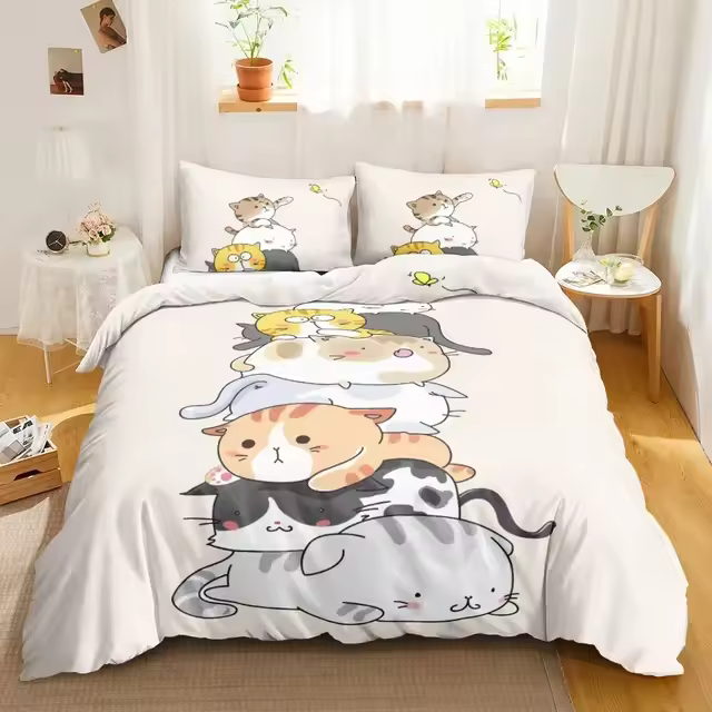Juego de cama con estampado de un solo lado de gato bonito, edredón con dibujos animados, funda de edredón, colchas cómodas, juego de cama - 1
