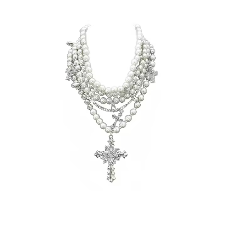 Collar de perlas en capas Collar apilado de perlas de cruz gótica para mujer - 1