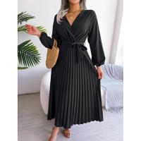 Vestido largo plisado con dobladillo grande para mujer, vestido cruzado de Color liso con cuello en V, moda de primavera y verano - details 9