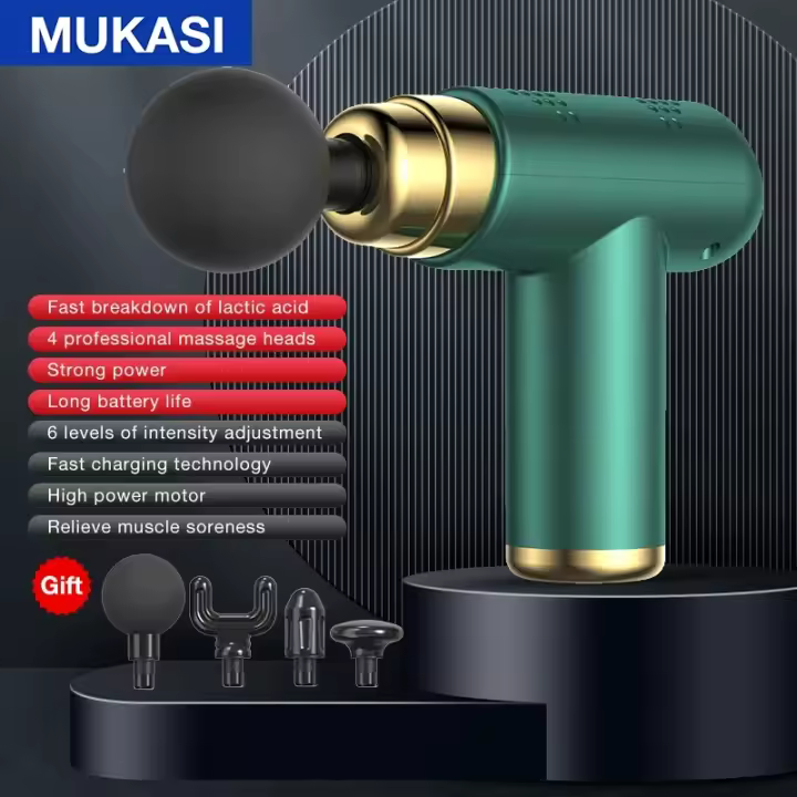 Mini Pistola de Masaje MUKASI con 6 Velocidades, Masajeadora Muscular Profesional para Cuello, Espalda y Piernas, 4 Cabezas de Masaje, Carga Tipo-C - 1