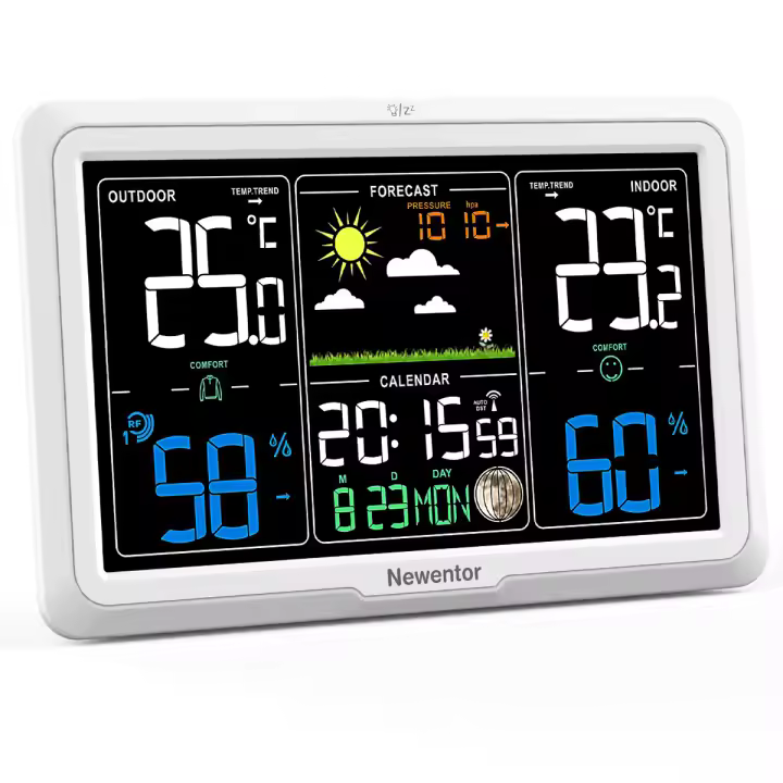 Newentor Termómetro y Hygrométrico para Interior y Exterior Inalámbrico con Pantalla de 7.5 pulgadas Clock Atómico para la Casa - 1