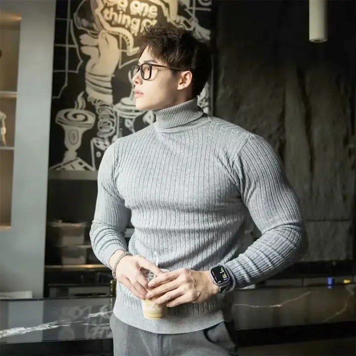Suéter de cuello alto para hombre, jersey básico con mangas g, cálido y maduro, de otoño - 1