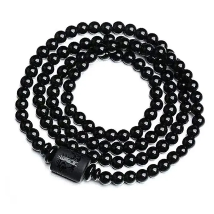 Obsidiana negra Natural de 10/12MM, amuleto de la suerte de Buda tallado, pulsera de hilo de cuentas redondas para mujeres y hombres, joyería para regalo de año próximo - 1