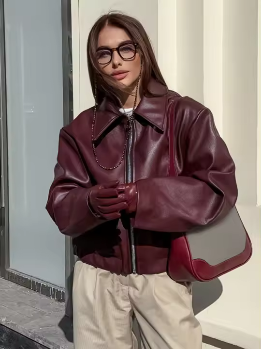 Abrigo grueso de cuero sintético para mujer, ropa de calle roja con solapa a la moda y cremallera, bata de otoño 2025 - 1