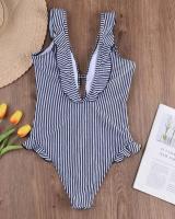 Female Striped Ruffle One Piece Swimsuit Summer Sexy Backless V Neck Bikini Swimsuit Swimmer Swimwear Elegant Ladies Beachwear - details 8
