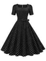Vestido midi elegante informal para mujer con lunares, cuello Peter Pan, cintura alta y corte en A - details 20