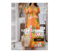 2025 Primavera / Verano Casual Bomisia Vacaciones Estilo Estampado Contraste Color Cuello en V Cintura alta Vestido de manga corta - details 0
