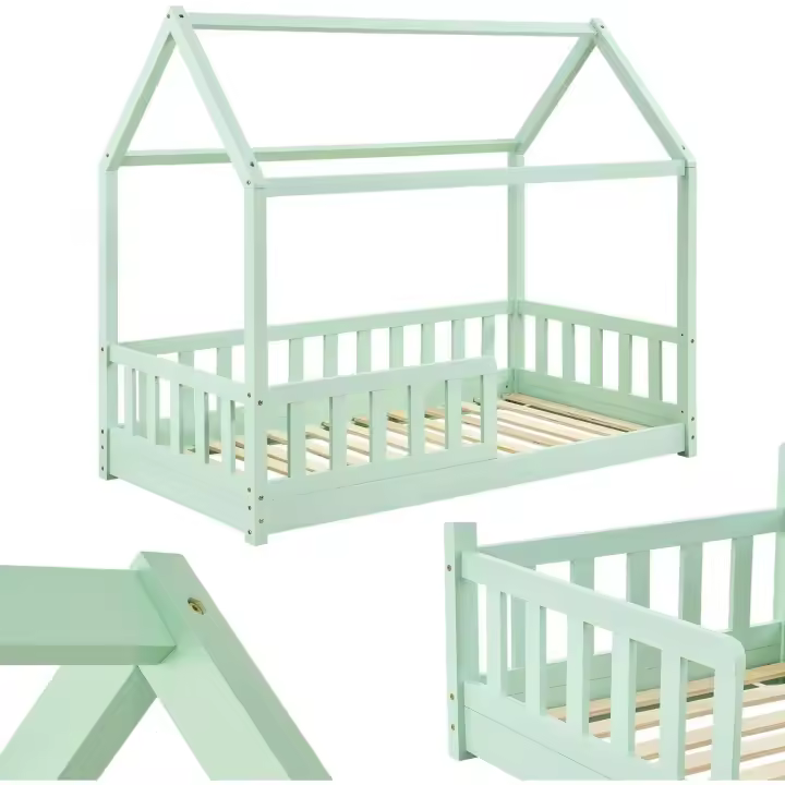 Cama Infantil Marli 80 x 160 cm Protección Antcaída Somier Techo Madera Maciza Blanco - 1
