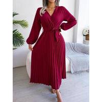 Vestido largo plisado con dobladillo grande para mujer, vestido cruzado de Color liso con cuello en V, moda de primavera y verano - details 24