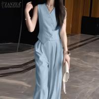 ZANZEA Conjunto De Verano Para Mujer 2 Piezas Top Irregular Y Pantalones De Pierna Ancha Moda Coreana Elegante Ropa De Oficina - details 2