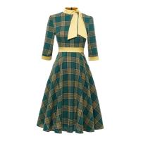 Vestido Midi de Cuello Alto con Lazo de Cuadros Retro Moda de Invierno para Mujeres Hepburn - details 7