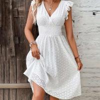 Vestido de verano para mujer con cuello en V y manga acampanada, Color sólido, cintura hueca, vestidos informales para vacaciones en la playa - details 0