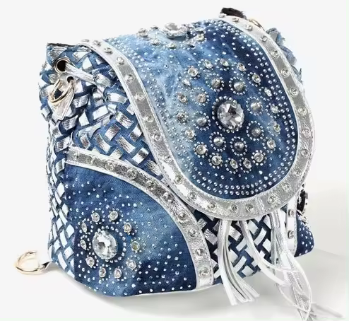 Nuevos Bolsos Bolsos de mujer Nuevos bolsos de mezclilla de moda Mochilas de lona Correas tejidas Bolsos de diamantes Bolsos portátiles con flecos de hombro - 1