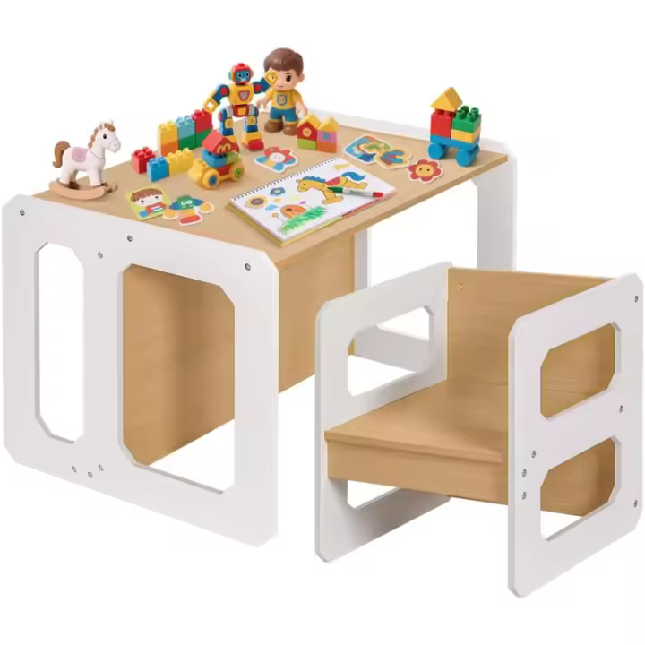 Juego de Mesa y Silla para Niños 3 en 1 Mueble Convertible con Taburete Natural, L - 1