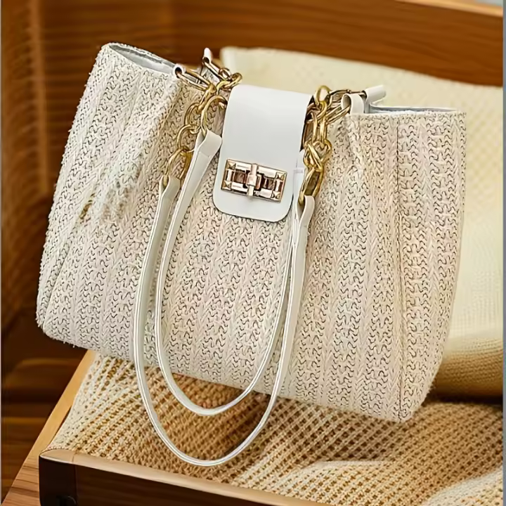 Bolso de Paja Tejido a Mano para Año Nuevo 2025 Patttern de Colmillo, Correa Ajustable, Cierre con Doble Llave, Lavable, Estilo Playero y Casual - 1