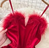 Vestido de fiesta de estilo navideño para mujer, diseño elegante de plumas, línea A - details 4